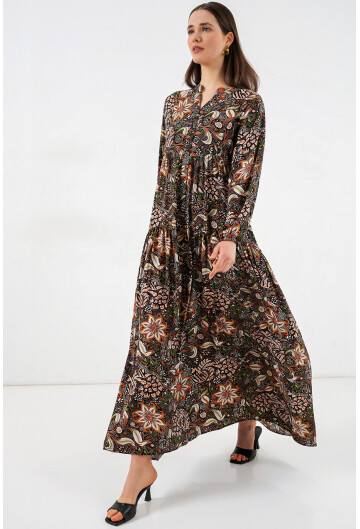 Kadın Desenli Uzun Tesettür Elbise 2585