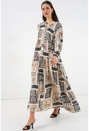 Kadın Desenli Uzun Tesettür Elbise 2585