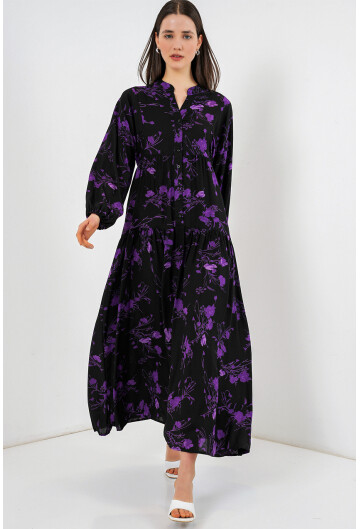 Kadın Desenli Uzun Tesettür Elbise 2585