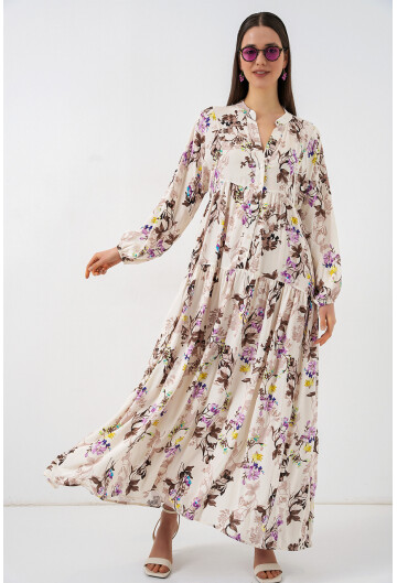 Kadın Desenli Uzun Tesettür Elbise 2585