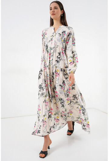 Kadın Desenli Uzun Tesettür Elbise 2585