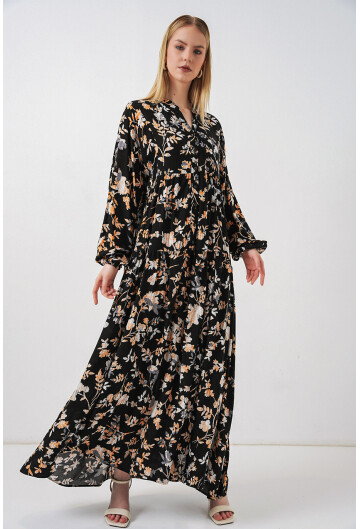 Kadın Desenli Uzun Tesettür Elbise 2585