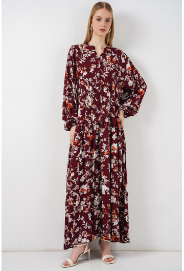 Kadın Desenli Uzun Tesettür Elbise 2585