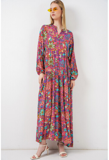 Kadın Desenli Uzun Tesettür Elbise 2585