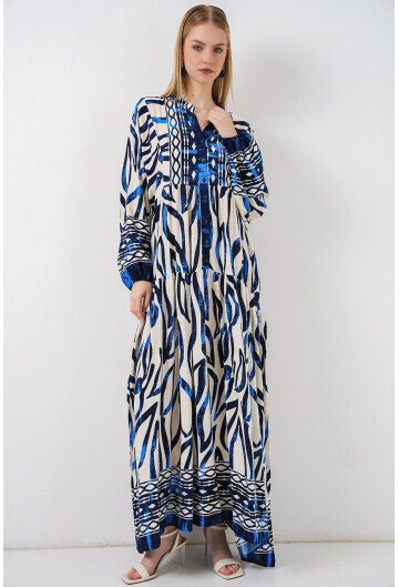 Kadın Desenli Uzun Tesettür Elbise 2585