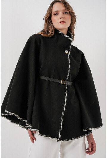 Kadın Dikiş Detaylı Kaşe Panço 9166