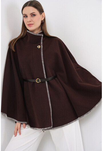 Kadın Dikiş Detaylı Kaşe Panço 9166