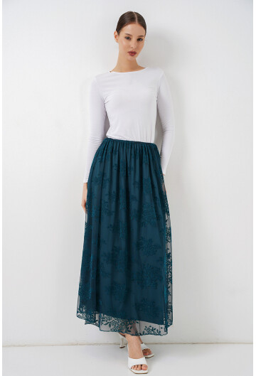 Kadın Flok Baskılı Uzun Tül Etek 8070