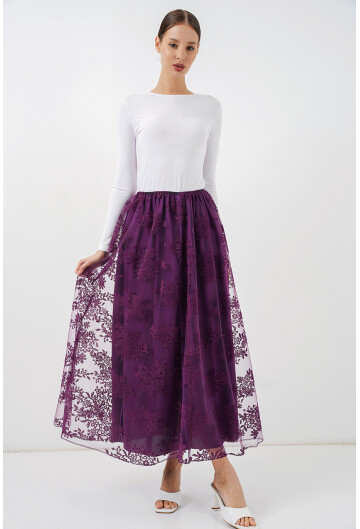 Kadın Flok Baskılı Uzun Tül Etek 8070