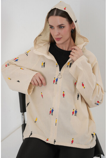 Kadın Kapüşonlu Desenli Keten Ceket 0736