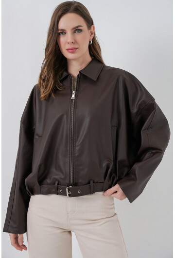Kadın Kemer Detaylı Deri Ceket 1056