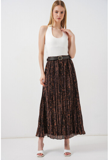 Kadın Kemerli Desenli Etek 8074
