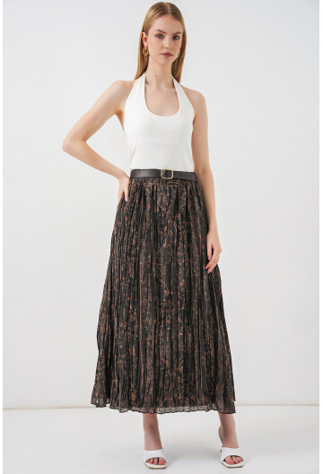 Kadın Kemerli Desenli Etek 8074