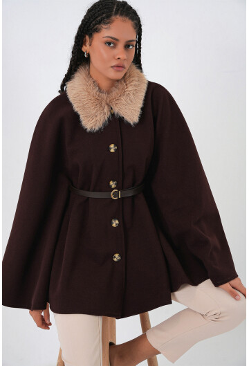 Kadın Kemerli Kaşe Panço 9165