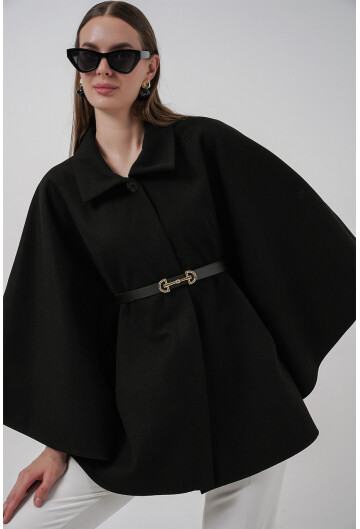 Kadın Kemerli Kaşe Panço 9170