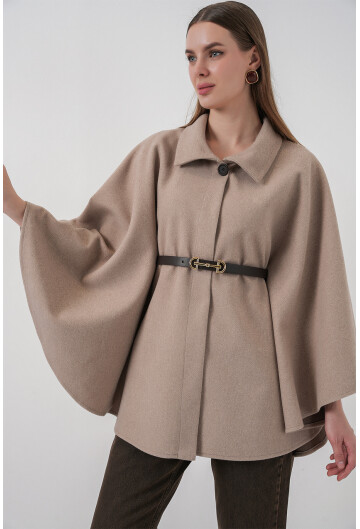 Kadın Kemerli Kaşe Panço 9170