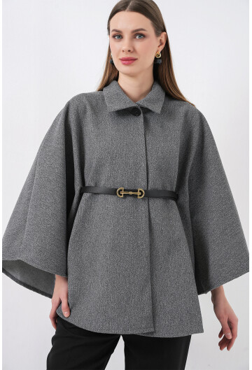 Kadın Kemerli Kaşe Panço 9170