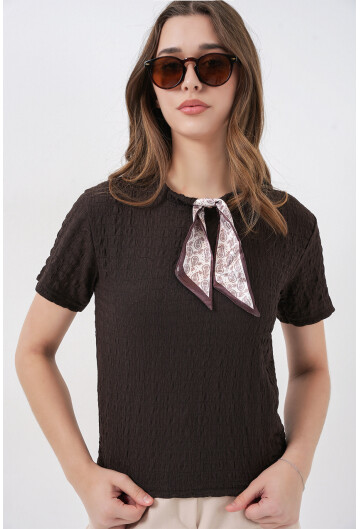 Kadın Kısa Kol Fularlı Örme Bluz 981