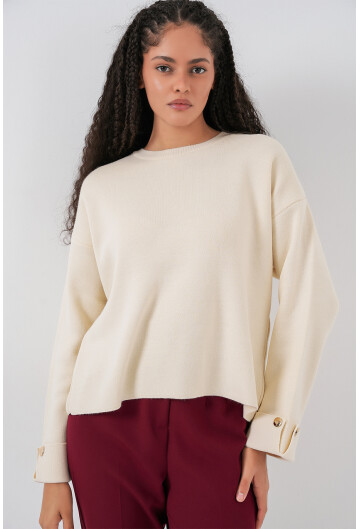 Kadın Kol Düğmeli Oversize Triko Kazak 15981