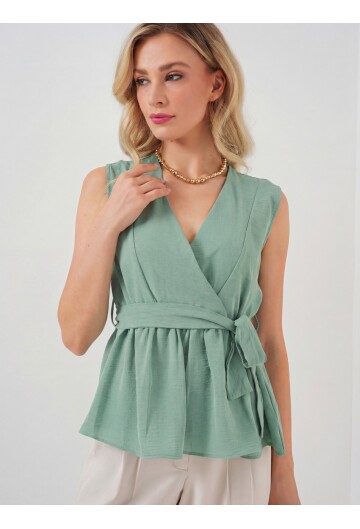 Kadın Kruvaze Yaka Kolsuz Bluz 966