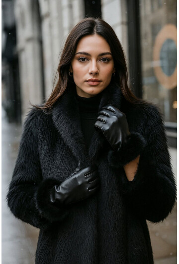 Kadın Kürk Detaylı Suni Deri Eldiven 010193