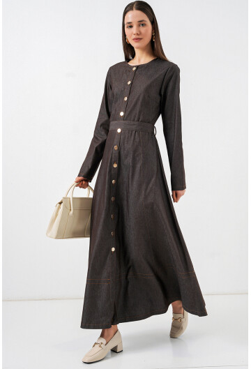 Kadın Kuşaklı Uzun Denim Elbise 2595