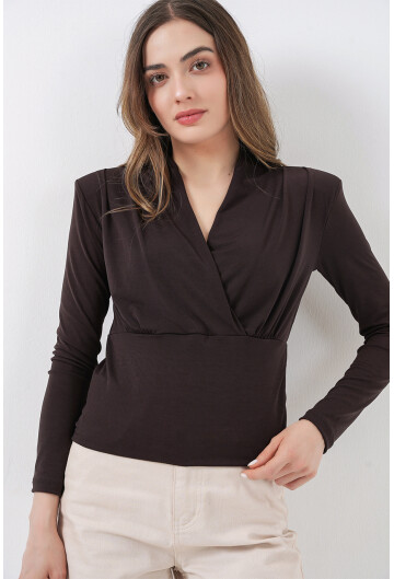 Kadın Omuz Vatkalı Kruvaze Yaka Bluz 942