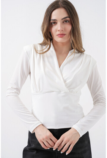 Kadın Omuz Vatkalı Kruvaze Yaka Bluz 942