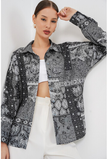 Kadın Oversize Desenli Saten Gömlek 20365