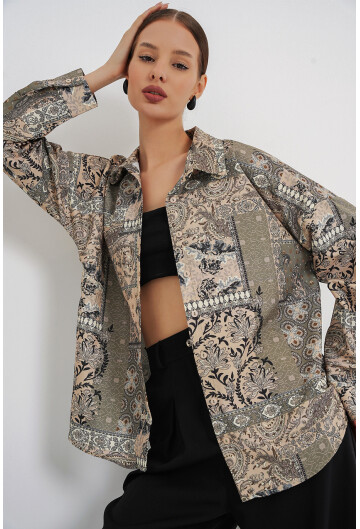 Kadın Oversize Desenli Saten Gömlek 20365