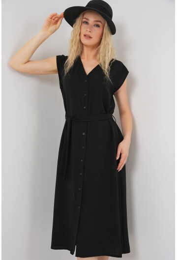 Kadın Sıfır Kol Kuşaklı Ayrobin Elbise 2568