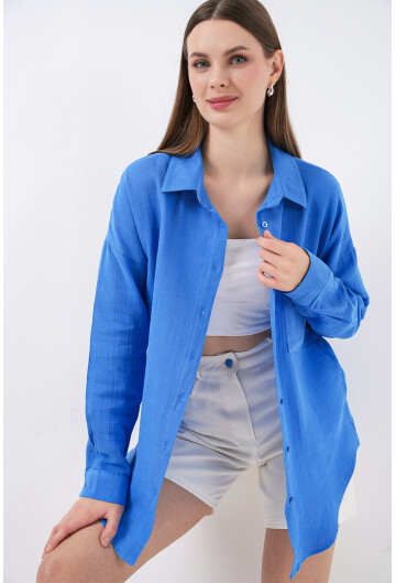Kadın Tek Cepli Oversize Müslin Gömlek 20353