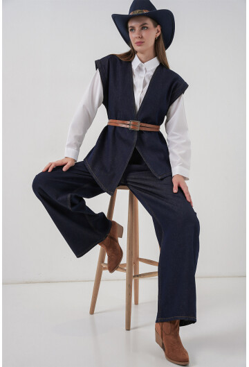 Kadın Yelek Pantolon Kot İkili Takım 30062