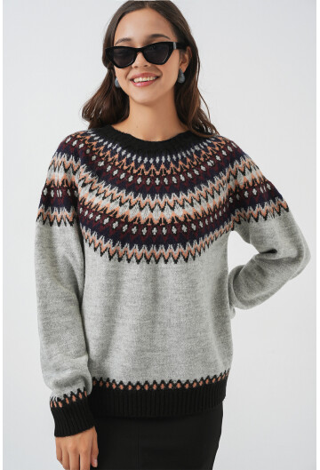 Kadın Yumuşak Dokulu Desenli Triko Kazak 15932