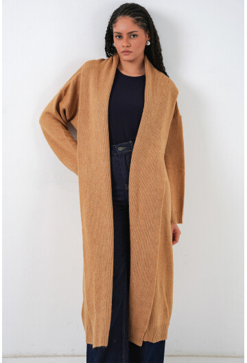 Kadın Yün Dokulu Katlama Yaka Uzun Triko Hırka 15924