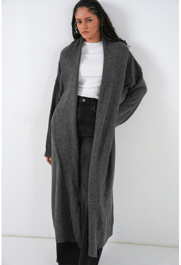 Kadın Yün Dokulu Katlama Yaka Uzun Triko Hırka 15924