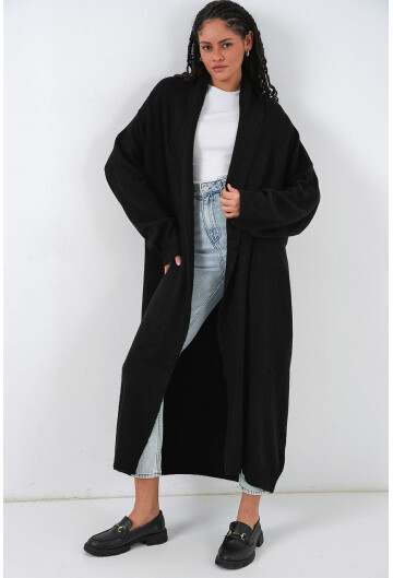 Kadın Yün Dokulu Katlama Yaka Uzun Triko Hırka 15924