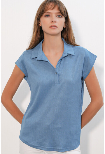 20123 Polo Yaka Örme Bluz