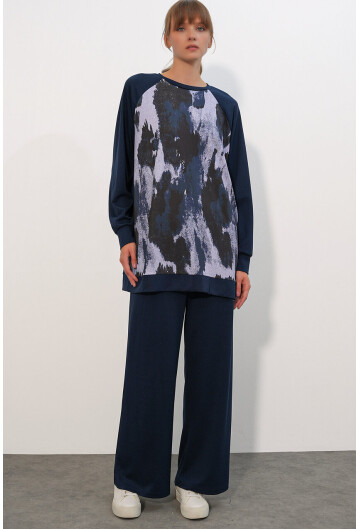Kadın Desenli Oversize Tunik Pantolon İkili Takım 55462
