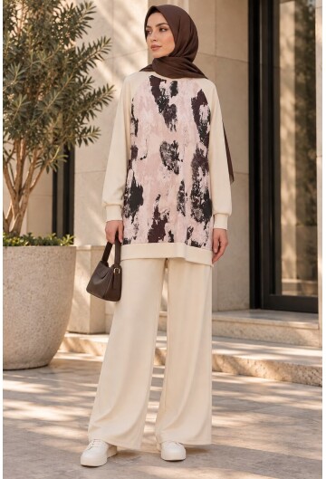 Kadın Desenli Oversize Tunik Pantolon İkili Takım 55462
