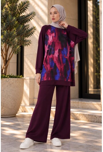 Kadın Desenli Oversize Tunik Pantolon İkili Takım 55462