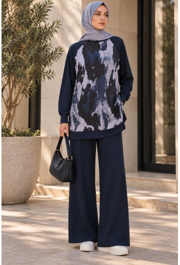 Kadın Desenli Oversize Tunik Pantolon İkili Takım 55462