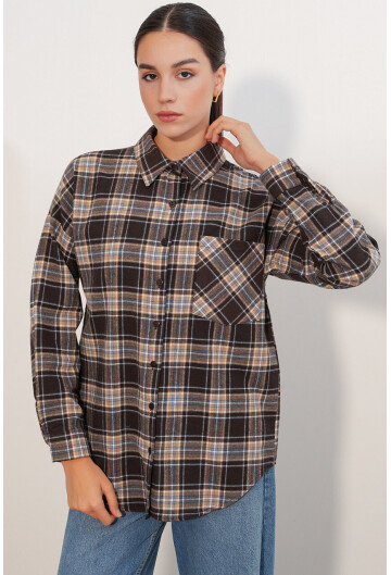Kadın Ekose Desen Oversize Oduncu Gömlek 3854