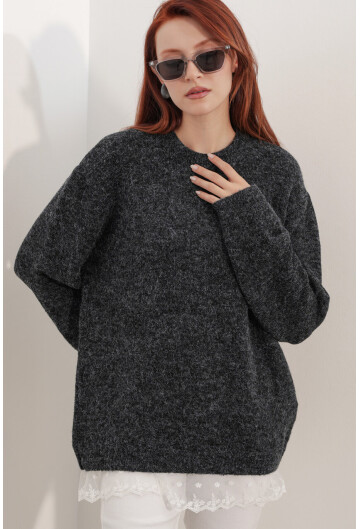 Kadın Tül Detaylı Oversize Triko Kazak 15968