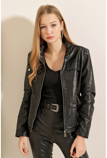 1024 High Collar Leather Coat
