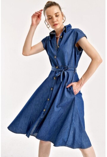 1677 Boydan Düğmeli Bel Kuşak Kot Elbise