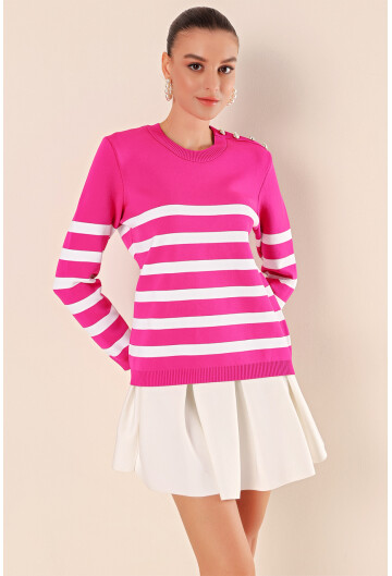 15820 Düğme Detay Çizgili Kazak