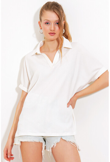 0486 Polo Yaka Örme Bluz
