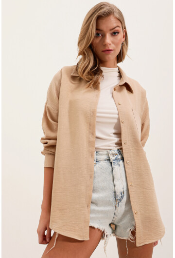 20153 Tek Cepli Oversize Keten Gömlek