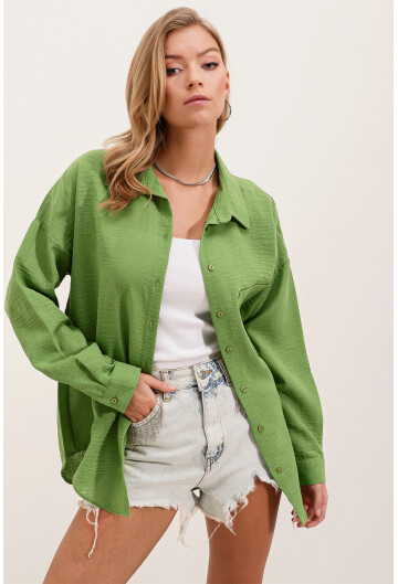 20153 Tek Cepli Oversize Keten Gömlek